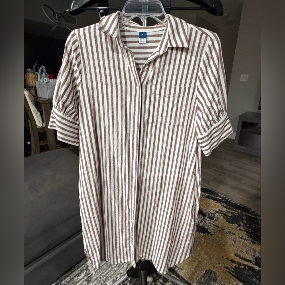Old Navy Women's Brown and White Striped Button-Down Dress